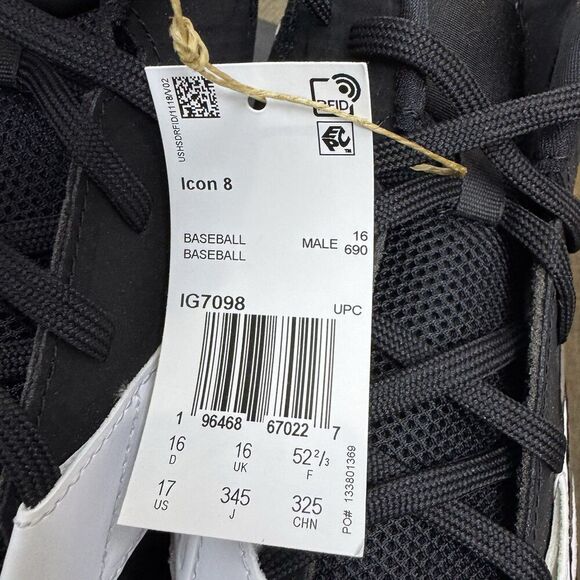 Adidas Mens Icon 8 Baseball Cleats Black White Metal Molded Cleats Size 17 NWT - Picture 7 of 8